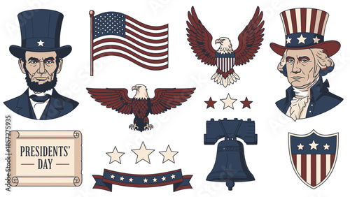 Presidents Day with American symbols and historical figures Abraham Lincoln