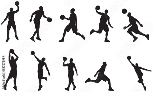 Basketball Player Silhouette Vector – Sports Action Poses, Athlete Dunk Motion, Game Design Set .