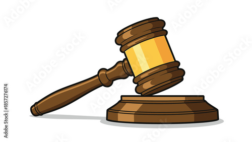 Wooden gavel with brown handle and yellowish head resting on a base