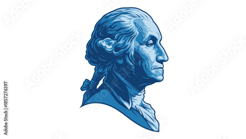 Blue portrait of George Washington in profile with tied hair