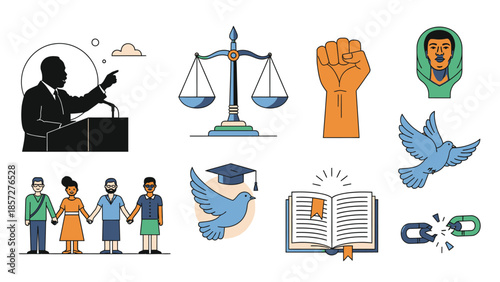 Diverse people holding hands with symbols of justice peace and education diversity