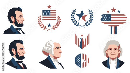 Portraits of Abraham Lincoln and George Washington with American Symbols and Flags