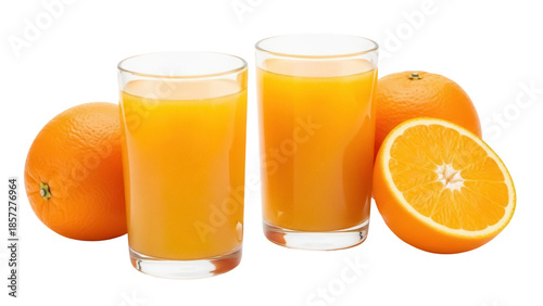 Refreshing orange juice in glasses with fresh oranges isolated PNG, healthy beverage on transparent background for nutrition and breakfast concepts