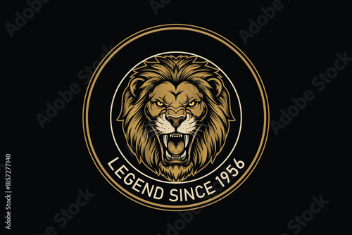Golden lion head logo on black background with legend text