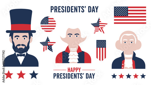 Presidents Day Celebration with Historical Figures and American Flags