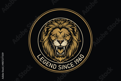 Golden lion head logo on black background with legend text