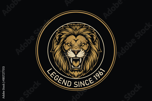 Golden lion head logo with legend since 1961 on black background