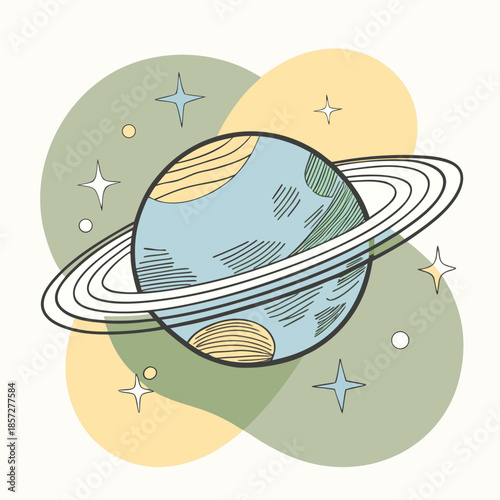 Illustrated planet with rings and stars
