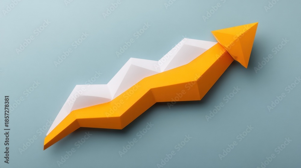 Obraz premium Bright Orange Arrow Signifying Growth and Progress on a Soft Blue Background with Geometric Design Elements for Business and Finance Themes