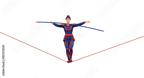 Brave female tightrope walker in a blue and red circus costume balances carefully on a thin cable while holding a long balancing pole.