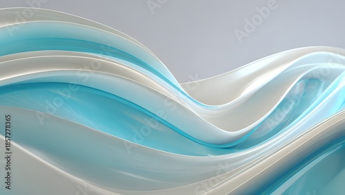 Abstract flowing iridescent waves of light blue and pearlescent white creating a smooth ethereal and luminous fluid motion background design