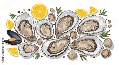 Top view of fresh raw oysters served in their shells with lemon slices, peppercorns, and herbs arranged beautifully for a seafood feast.