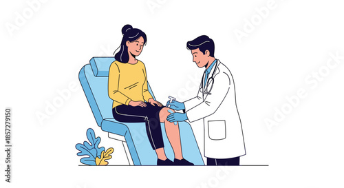 Professional male doctor in a white coat uses a medical instrument to examine a female patient's knee in a clinic or hospital setting.