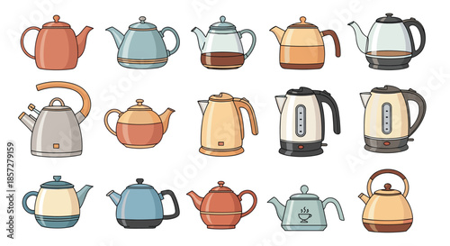 Extensive selection of fifteen teapots and electric kettles in different styles, materials, and colors for kitchen and tea time themes.