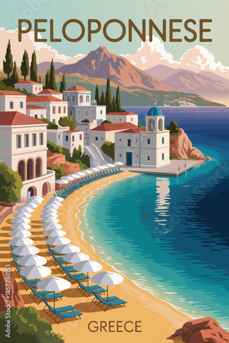 Greece peloponnese mediterranean escape, minimalist vector design showcasing white villas, sandy beaches, and traditional coastal scenery.
