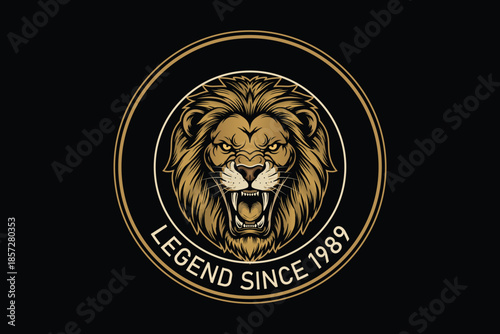 Golden lion head logo with legend since 1989 text