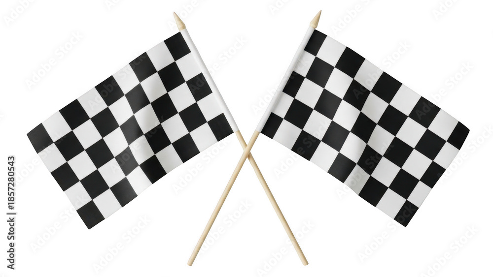 Fototapeta premium Two checkered flags crossed against white background isolated on transparent background