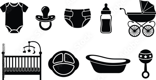 Baby essentials icons set, newborn clothing diaper bottle stroller crib bath toys, childcare parenting vector pictogram collection isolated white