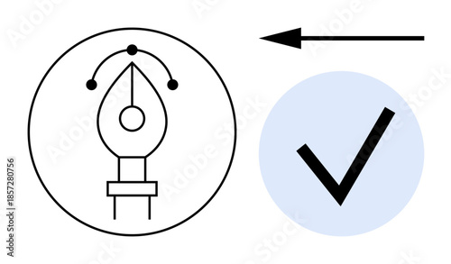 Graphic design elements. Pen tool icon and checkmark design workflow and approval. Graphic design s creation, editing, and project approval. For branding, UX design, digital media, print media