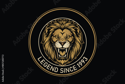 Golden lion head logo on black background with legend text