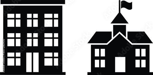 School and institutional building silhouettes, education architecture icons, academic campus facilities, modern and classic structures, black landmark buildings isolated on white background