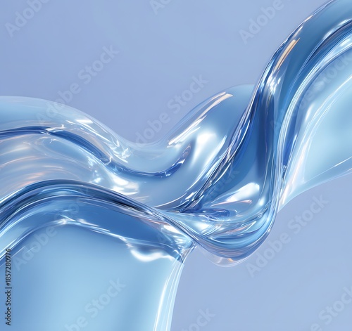 Abstract flowing liquid metal or fluid with iridescent light reflections and soft blue background creating a sense of motion and elegance