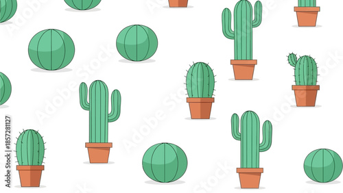 Set of Various Green Cacti and Succulents in Terra Cotta Pots Vector Illustration