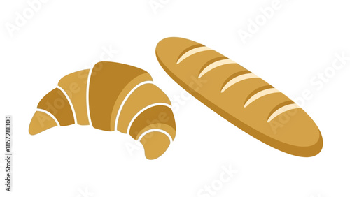 Set of Freshly Baked Croissant and French Baguette Bread Vector Illustration