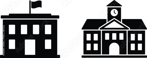 School and institutional building icon silhouettes, education architecture symbols, academic campus structures, classic public facilities, black landmark icons isolated on white background