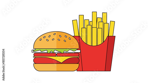 Classic Cheeseburger with Lettuce Tomato and Crispy Fries in Red Box