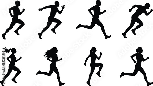 Running people silhouette set, men women sprint action poses illustration, fitness sport movement concept, athletic training motion design