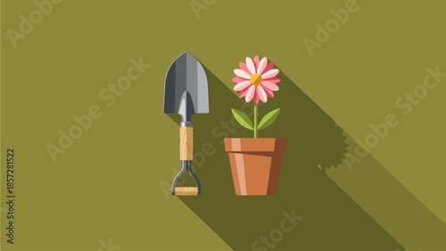 Gardening Tools Set with Metal Hand Trowel and Pink Potted Flower Illustration