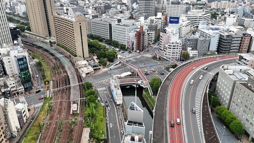 Konstfotografi Aerial view of Tokyo expressway, railway lines and canal in dense urban cityscap
