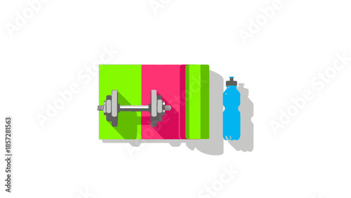 Workout Essentials Illustration Featuring Heavy Dumbbell Colorful Mats and Hydration Bottle