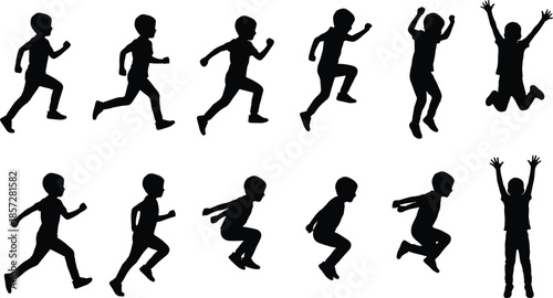 Kids running and jumping silhouette set, children action poses illustration, playful movement activity concept, childhood energy motion design