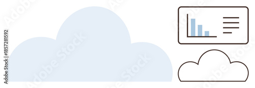 Large cloud with minimalistic design, smaller cloud and bar graph on screen. Ideal for data storage, computing, technology, analytics, management, innovation cloud services. Simple flat metaphor