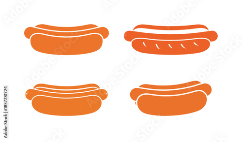 A collection of four stylized orange hot dog icons on a white background, showcasing different bun and sausage designs.