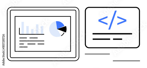 Data visualization, software development, technical learning, digital analytics, coding education, technology training. Charts and code snippets. Data visualization and software development