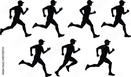 Running man silhouette set, athlete motion sequence illustration, sprint jogging action poses, fitness training sport animation concept