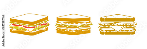 Three different types of sandwiches are displayed side by side against a white background, each with distinct layers of bread, fillings, and toppings.