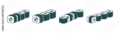 A simple illustration of four rows of sushi rolls, each row containing a different number of rolls.