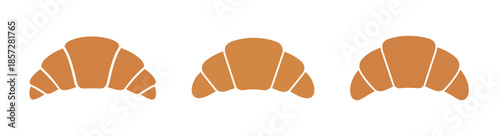 Three simple graphic illustrations of golden brown croissants, a popular French pastry, arranged horizontally on a clean white background.