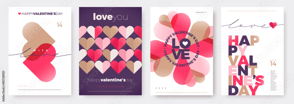 Obraz premium Set of trendy Happy Valentine's Day vector posters. Modern geometric hearts, abstract typography and greeting card background designs. February 14th love concept illustration collection.
