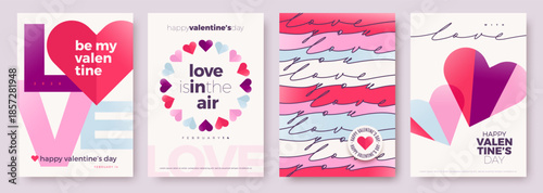 Set of modern Happy Valentine's Day vector posters. Vertical romantic banners collection with hearts, typography and geometric shapes for social media stories, greeting cards or flyers.