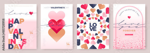 Set of modern Valentine's Day poster designs with hearts and typography. Vector illustration of romantic greeting cards or banners templates for February 14.