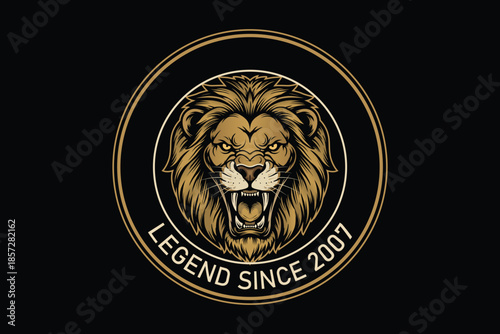 Golden lion head logo on black background with legend text