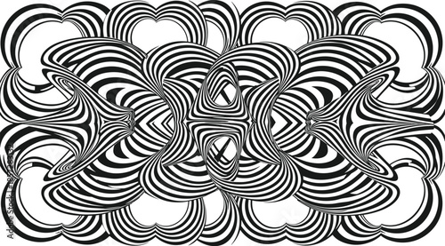 Intricate black and white abstract swirling pattern with symmetrical loops and curves