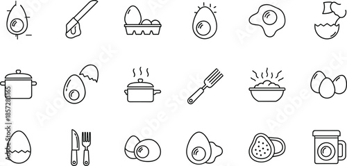 Line of eggs being prepared and cooked in various ways line eggs cooking preparation