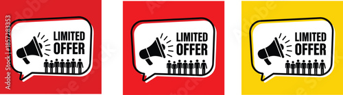 Limited offer megaphone icon set, promotion announcement speech bubble illustration, marketing deal alert graphic, special sale concept