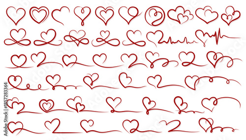 Big set of red stylized hearts in one line.